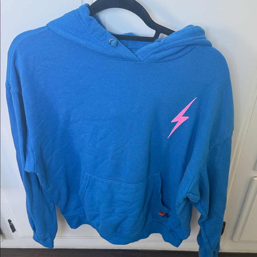Aviator Nation Blue Relaxed Hoodie with Pink Lightning Bolt Small